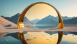 Surreal 3D Panoramic Landscape with Golden Mirror Arches, Hills, and Water Reflections