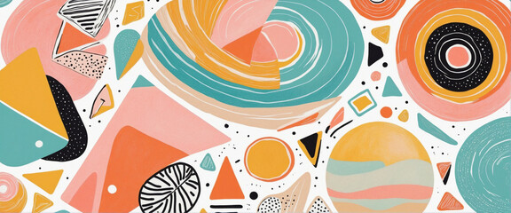 Vibrant modern abstract shapes with doodles and colorful paint texture on white background. Geometric collage drawings in trendy style.