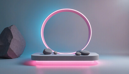 Wall Mural - futuristic 3d abstract blue background with neon ring and rock stones, arch, and empty podium for pr