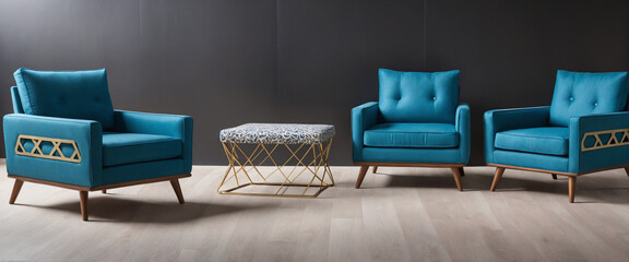 Wall Mural - Retro blue armchair collection with ottoman, side table, and single seat sofas on transparent background