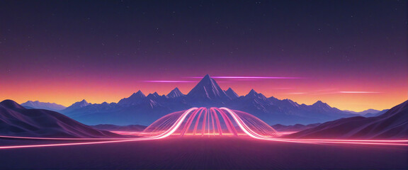 Wall Mural - neon abstract wallpaper with glowing speed lines and mountains at sunset