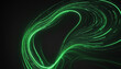 Green glowing lines on black background. Energy flow with moving particles creating scientific waves and vortex effect.