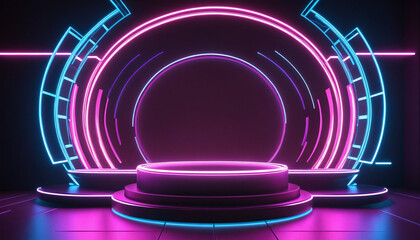 Wall Mural - abstract neon glowing arch and empty podium on 3d rendered ultraviolet background
