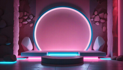 Wall Mural - pink and blue neon abstract background with stone platform, rocks, arch, glowing line, mirror reflec