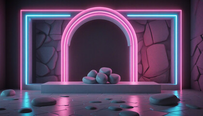 Wall Mural - minimalist geometric background with neon arch and mirror reflection