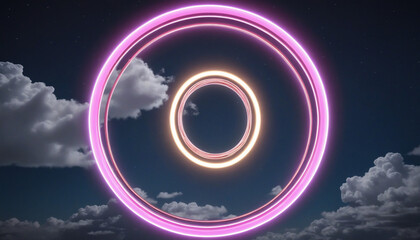 Wall Mural - Abstract geometric background with neon ring and stormy cloud, round frame with copy space in night sky.