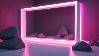 Wall Mural - abstract neon geometric design featuring cobblestone rocks and a glowing triangular frame, creating 