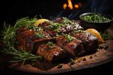Grilled Picanha With Fresh Herbs, In A Barbecue In The Backyard With Rocking Chairs And A Quiet Stream Under The Moonlight And A Lit Bonfire, Under Th