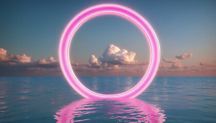 Wall Mural - Abstract three-dimensional seascape with a levitating pink cloud inside a glowing neon ring, reflecting in the calm water, creating a futuristic and surreal atmosphere 