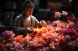 Serene offer of flowers and incense in Buddhist temple., generative IA