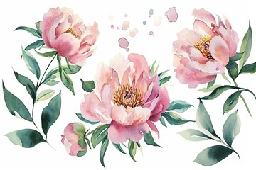 Wall Mural - Peony pink flowers watercolor isolated on white background. Set of beautiful flower