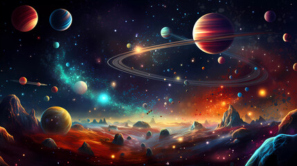 A space scene with a rocket, stars and planets