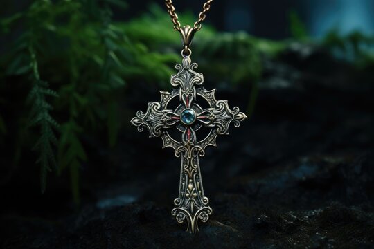 Silver cross in pendulum symbolizes spiritual connection., generative IA