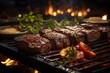 Picanha juicy on the grill, in a barbecue by the pool with light pool at night., generative IA