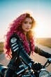 © OlScher - A woman with pink hair sits on a motorcycle.