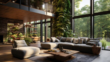 Livingroom With Nature Forest View, Interior, Room, Window, Home, House, Furniture, Table,  Luxury , Design, Sofa, Architecture, Garden, Chair, Living, Wood, Hotel, View, Patio, Indoor, Floor