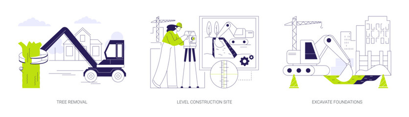 Excavation works at construction site abstract concept vector illustrations.