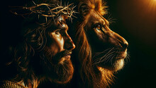Jesus Stands On The Left Side With A Crown Of Thorns On His Head And Blood On His Face. He Looks At A Lion On The Right Side Of The Image
