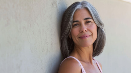 Poster - mature woman with grey hair leaning against a beige wall, smiling gently at the camera