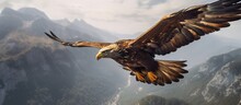 From Below Predatory Golden Eagle Flying Over Majestic Mountainous Valley Near Clouds With Spread Wings