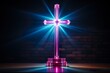 isolated Christian white cross with neon light, black background, glowing, flat illustration style ,close up, good Friday