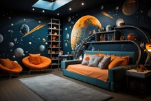 Children's Bedroom Space With Rocket Furniture And Stars On The Ceiling., Generative IA
