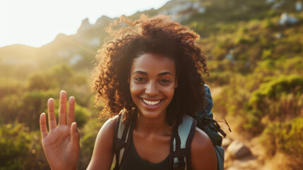 Wall Mural - cheerful young woman with a backpack is waving at the camera, with a sunlit natural landscape in the background