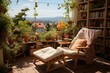 Serene refuge sunny terrace with books, rocking chair and plants., generative IA