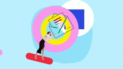 Wall Mural - Young employee, woman talking on mobile phone, answering business mails, working with online marketing. Stop motion, animation. Concept of business, modern technologies, IT, innovations