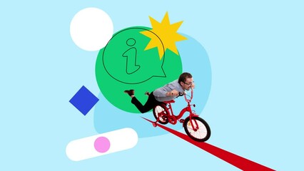 Wall Mural - Emotional man, programmer riding bicycle, generating creative ideas for development of projects. Stop motion, animation. Concept of business, modern technologies, IT, innovations, achievement