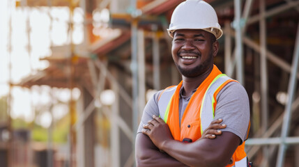 Poster - smiling construction worker with a hard hat and reflective vest