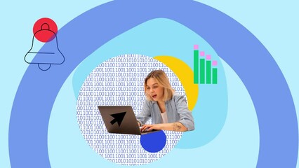 Wall Mural - Young woman, programmer working on laptop, writing code for application or website creature. SEO optimization. Stop motion, animation. Concept of business, modern technologies, IT, innovations