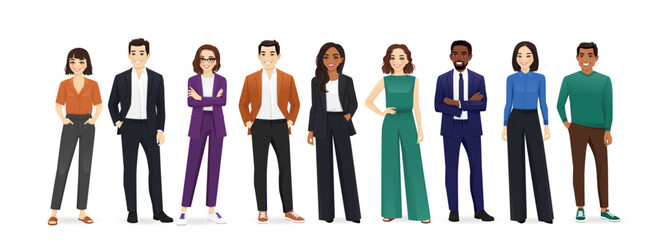 Wall Mural - Group of happy diverse multiethnic young business people standing together. Isolated vector illustration