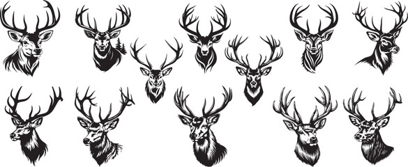 set of deer vector profile black and white graphics