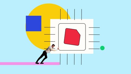 Wall Mural - Man, programmer pushing frames forward, launching of new startup, web development. Accessibility. Stop motion, animation. Concept of business, modern technologies, IT and innovations