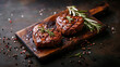 © Stewart Bruce - Two juicy grilled beef steak, herbs and spices in shape of heart for Valentines day for a romantic meal On a black stone background.