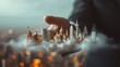 Businessman on blurred background touching a cloud full of famous monuments with his finger 3D rendering