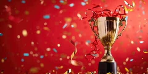 Golden trophy and streamers, red background with copy space