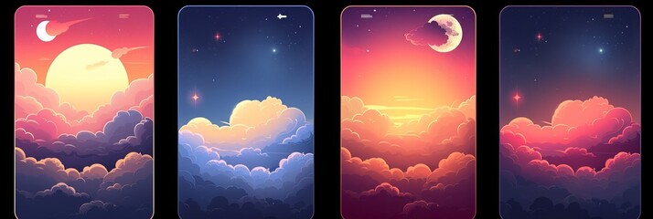 Set of morning, day, evening and night sky illustration with sun, clouds, moon and stars, sunset and sunrise. Weather app screen, mobile interface design 