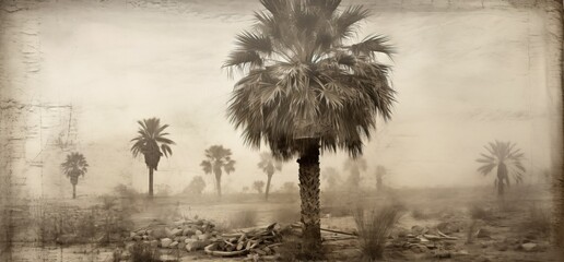  Damaged sepia photograph of palm trees in the desert, in the style of wet plate collodion, blurred dirty image. From the series “Terminal Beach,