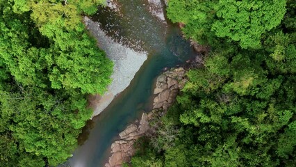 Wall Mural - Jungle river drone footage - top-down forwards flight in Panama rainforest