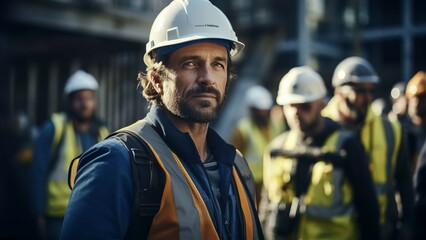 Portrait of handsome engineer in yellow robe on industrial site, smiling to camera. Corporate shoot