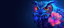 Portrait Owl Night Bird Animal In Style Pop Art Vibrant Color On Dark Blue Background. Generated AI
