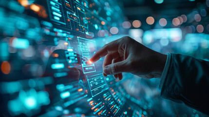 The hand of the operator, businessman reaches for the screen with the ability to enable additional security features, artificial intelligence