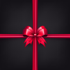 Wall Mural - Template of black wallpaper with realistic 3d pink bow knot with crossed ribbons. Banner with red criss-cross tied bow with silk tape as gift box wrapping element or present decor for holidays