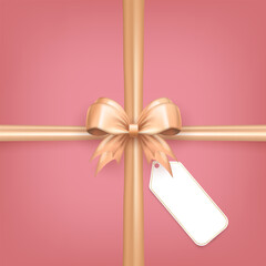 Wall Mural - Design of pink gift box with 3d beige silk bow knot with crossed ribbon, white paper label tag for note in the center. Holidays wallpaper with realistic cute tied bow with tape for present wrapping