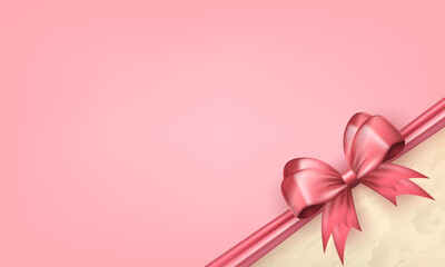 Wall Mural - Soft pink empty poster with pink realistic 3d gift bow and copy space for text. Silk bow in the corner with ribbon and golden frame for greeting card with blank place for wedding, birthday, holidays
