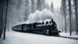 steam train in the snow  A steam train that expels white smoke as it cruises through a frosty forest. The train is black  