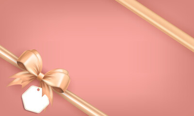 Wall Mural - Pink banner with beige realistic 3d bow, paper label tag and empty space for text. Silk pastel colored bow in the corner with ribbon as frame for greeting card or gift box for wedding, birthday, etc