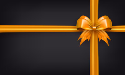 Wall Mural - Template of black wallpaper with realistic 3d golden bow knot with crossed ribbons. Banner with yellow criss-cross tied bow with silk tape as gift box wrapping element or present decor for holidays